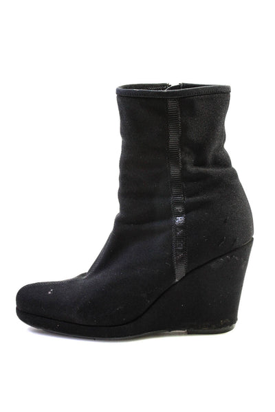 Prada Womens Fabric Zip Up Wedges Mid Calf Boots Black Size 37.5 7.5