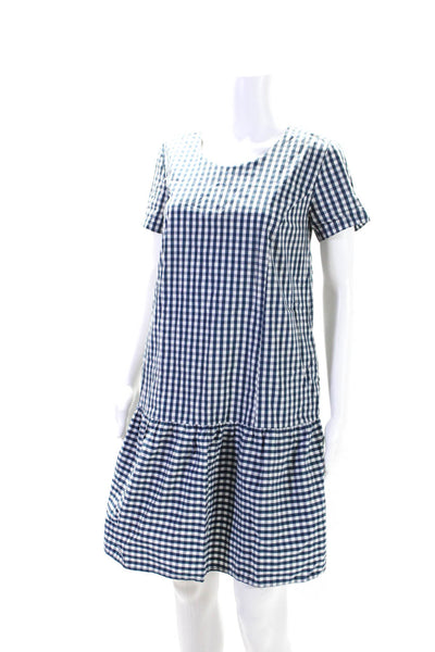 Universal Standard For J Crew Womens Crew Neck Gingham Dress Blue White Size XS