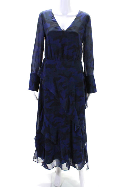 Banana Republic Womens Side Zip Ruffled Camouflage Midi Dress Blue Black Size 4