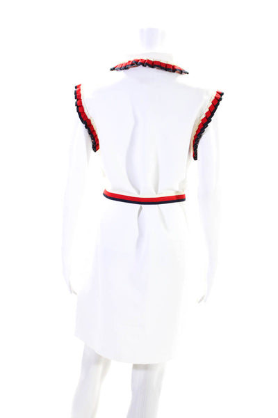 Why Dress Womens Striped Pintuck Collared Belted Dress White Red Blue Medium