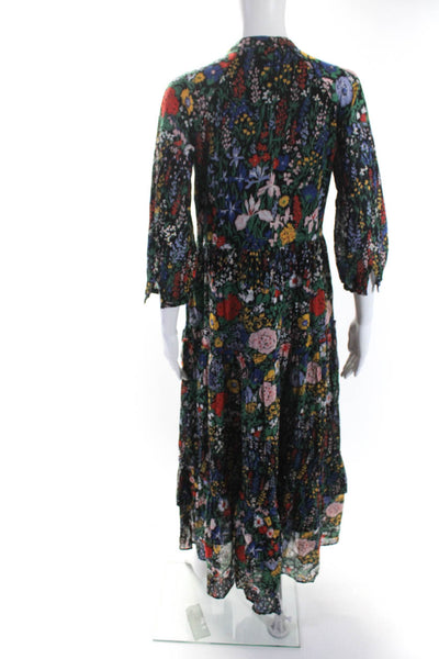 Banjanan Womens Button Front Long Sleeve Drawstring Floral Dress Black Multi XS