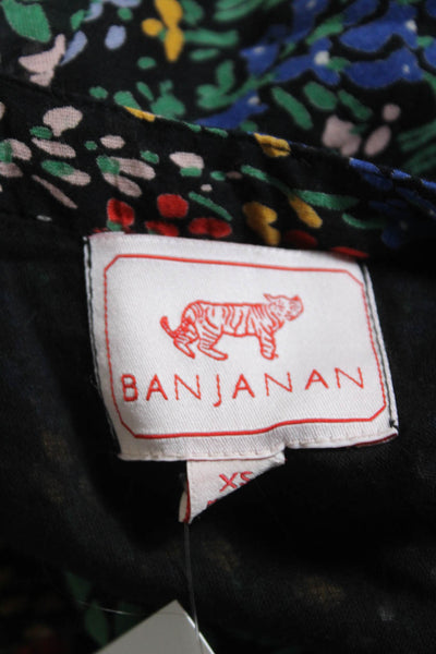 Banjanan Womens Button Front Long Sleeve Drawstring Floral Dress Black Multi XS