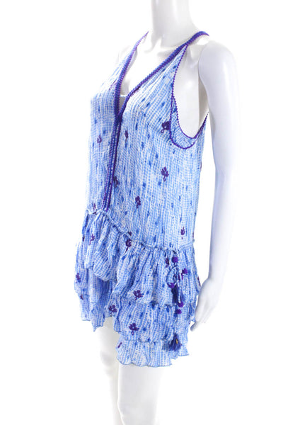 Poupette St. Barth Womens Sleeveless V Neck Tiered Printed Dress Blue Size Small