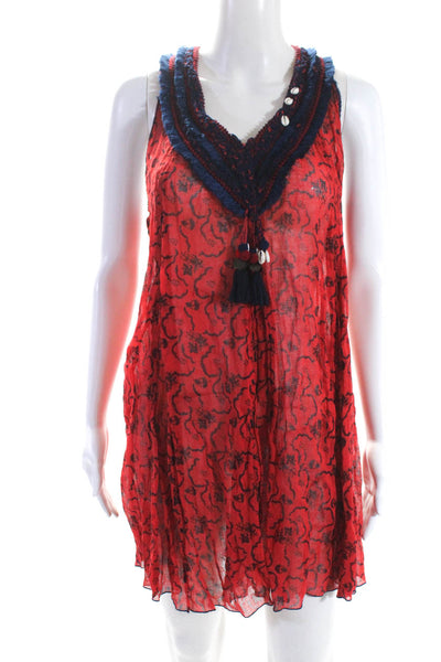 Poupette St. Barth Womens Sleeveless Floral Woven Dress Red Blue Size Small