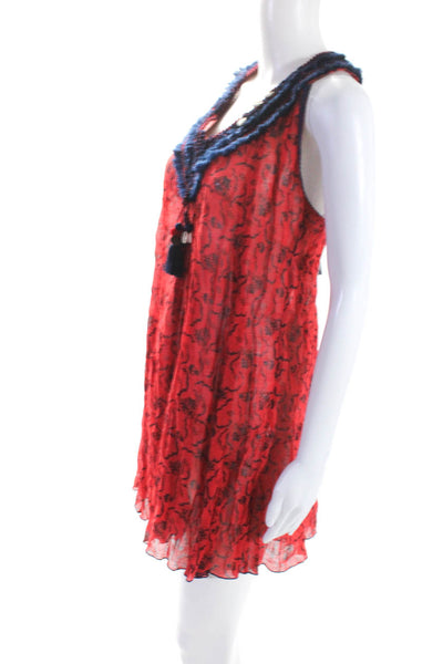 Poupette St. Barth Womens Sleeveless Floral Woven Dress Red Blue Size Small