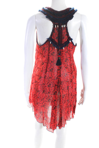 Poupette St. Barth Womens Sleeveless Floral Woven Dress Red Blue Size Small