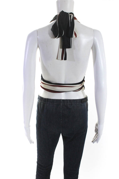 Ba&Sh Womens Open Back Halter V Neck Striped Knit Crop Top Black White Red 4