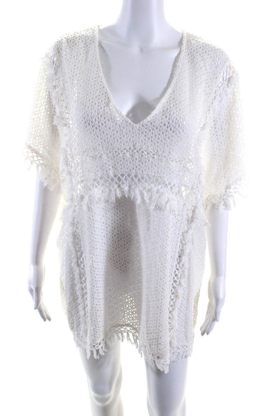 Suboo Womens Short Sleeve Fringe Eyelet V Neck Cover Up Top White Size S/M