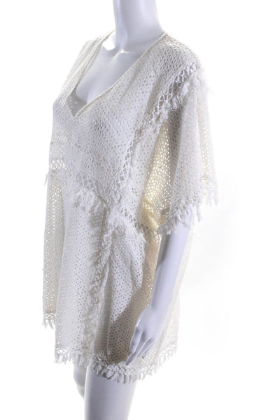 Suboo Womens Short Sleeve Fringe Eyelet V Neck Cover Up Top White Size S/M