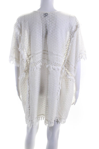 Suboo Womens Short Sleeve Fringe Eyelet V Neck Cover Up Top White Size S/M