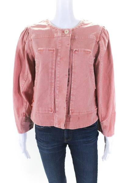 La Vie Rebecca Taylor Womens Cotton Button Long Sleeve Denim Jacket Pink Size S