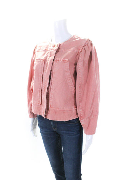 La Vie Rebecca Taylor Womens Cotton Button Long Sleeve Denim Jacket Pink Size S