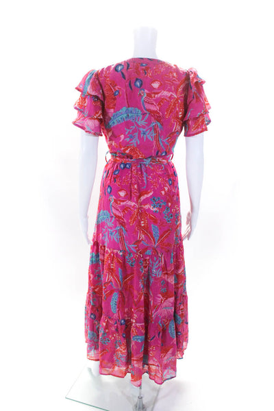 Banjanan Womens Silk Floral Print Belted Buttoned Tiered Maxi Dress Pink Size S