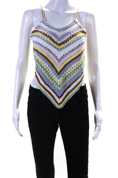 525 Womens V Neck Crochet Handkerchief Hem Crop Top Blue Pink Yellow Size Small