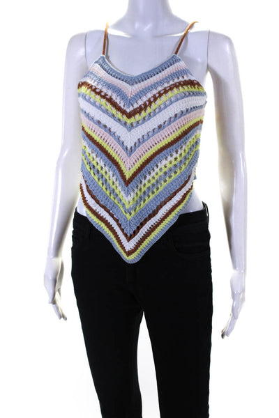 525 Womens V Neck Crochet Handkerchief Hem Crop Top Blue Pink Yellow Size Small