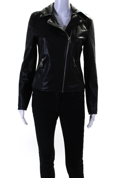 Scoop Womens Knit Trim Asymmetrical Faux Leather Moto Jacket Black Size Small