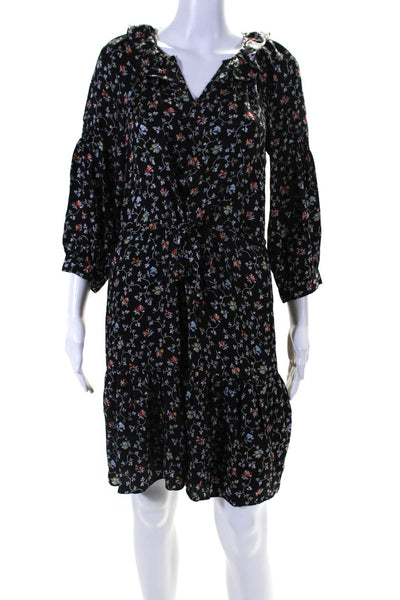 Rebecca Taylor Womens Silk Floral Print Long Sleeves A Line Dress Black Size 2