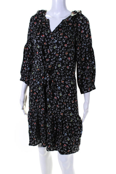 Rebecca Taylor Womens Silk Floral Print Long Sleeves A Line Dress Black Size 2