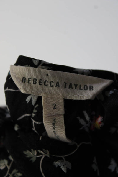 Rebecca Taylor Womens Silk Floral Print Long Sleeves A Line Dress Black Size 2