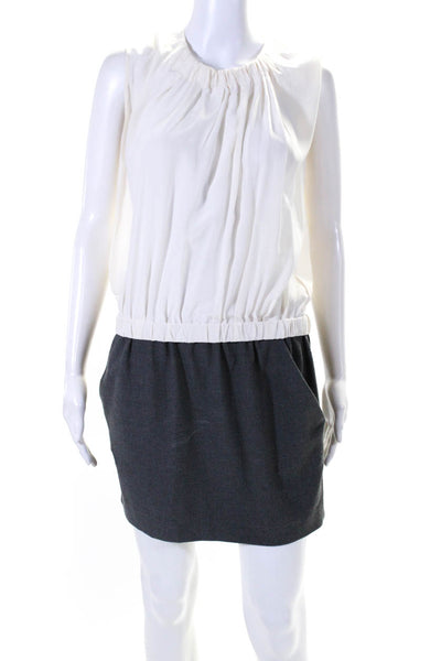 Maje Womens Silk Crew Neck Sleeveless Elastic Waist Dress White Grey Size 1