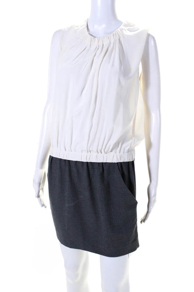 Maje Womens Silk Crew Neck Sleeveless Elastic Waist Dress White Grey Size 1