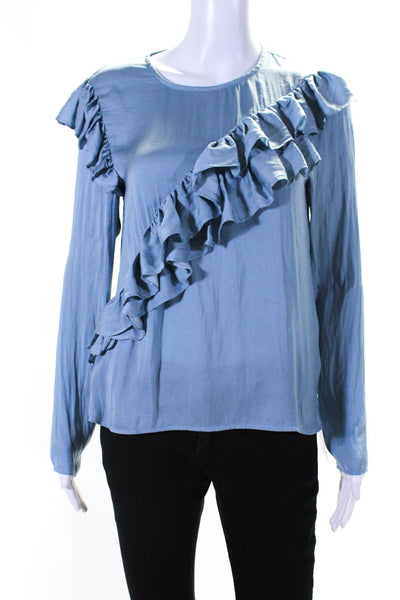 Maje Womens Ruffled Front Long Sleeves Blouse Sky Blue Size 3