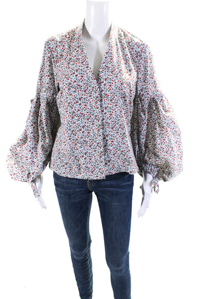 Hellessy Womens Button Front Long Sleeve V Neck Floral Top White Multi Size 6