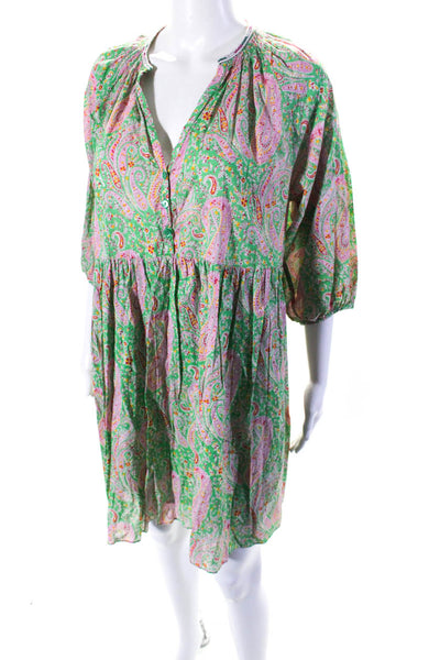 Ba&Sh Womens 3/4 Sleeve V Neck Paisley Shift Dress Green Pink Cotton Size 2
