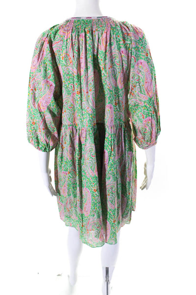 Ba&Sh Womens 3/4 Sleeve V Neck Paisley Shift Dress Green Pink Cotton Size 2