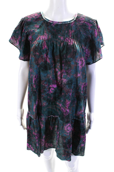 The Westside Womens Short Sleeve Crew Neck Tie DYed Dress Blue Pink Size Small