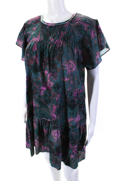 The Westside Womens Short Sleeve Crew Neck Tie DYed Dress Blue Pink Size Small