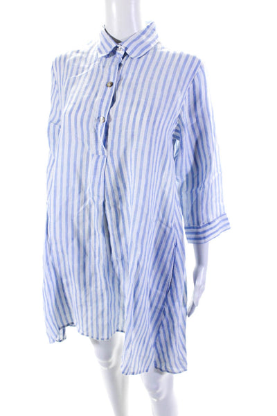 Delfina Womens Long Sleeve Collared Striped Linen Dress White Blue Size XS