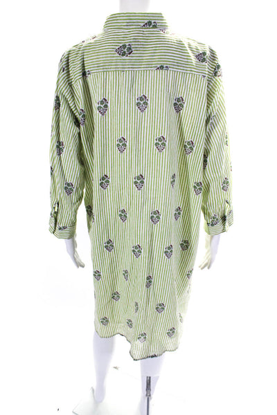 Delfina Womens Long Sleeve Collared Striped Floral Dress White Green Size Large
