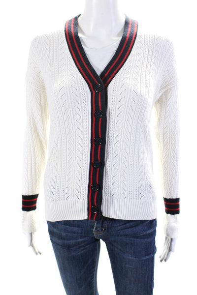 Minnie Rose Womens Striped Pointelle V Neck Cardigan Sweater White Red Black XS