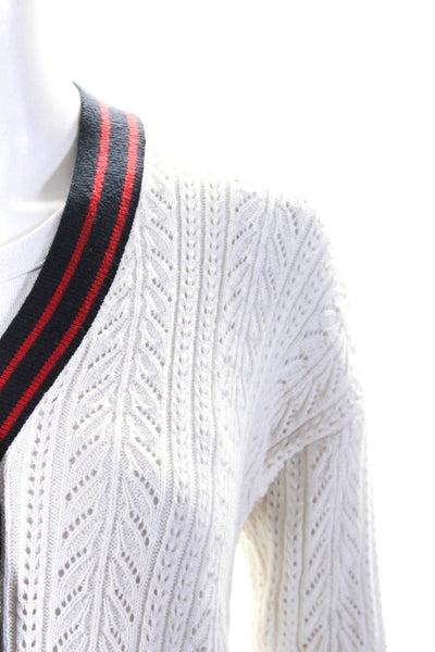 Minnie Rose Womens Striped Pointelle V Neck Cardigan Sweater White Red Black XS