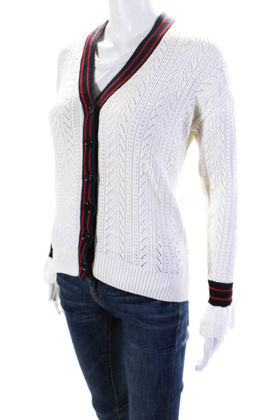 Minnie Rose Womens Striped Pointelle V Neck Cardigan Sweater White Red Black XS