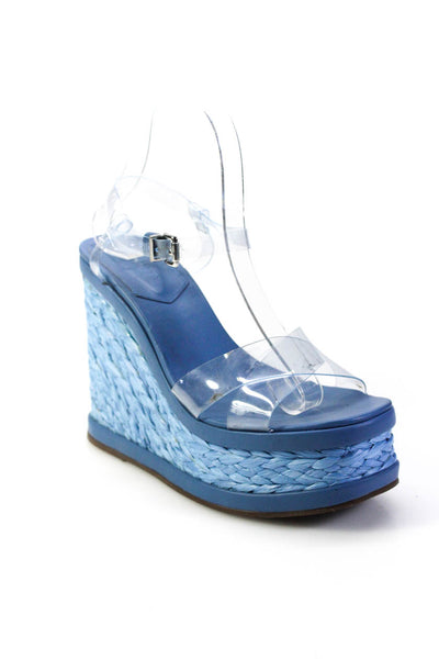Schutz Womens Raffia Wedge Heel Platform PVC Ankle Strap Sandals Blue Size 8
