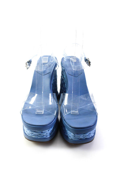 Schutz Womens Raffia Wedge Heel Platform PVC Ankle Strap Sandals Blue Size 8