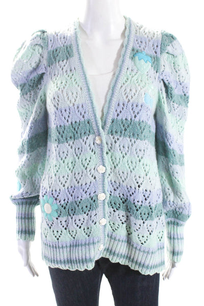 Love Shack Fancy Womens Open Knit Striped Cardigan Sweater Green Blue Size XS