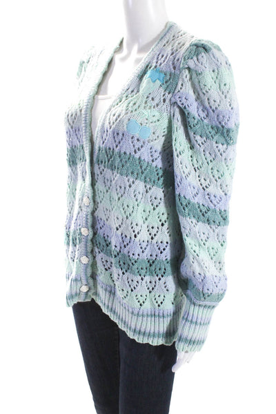 Love Shack Fancy Womens Open Knit Striped Cardigan Sweater Green Blue Size XS