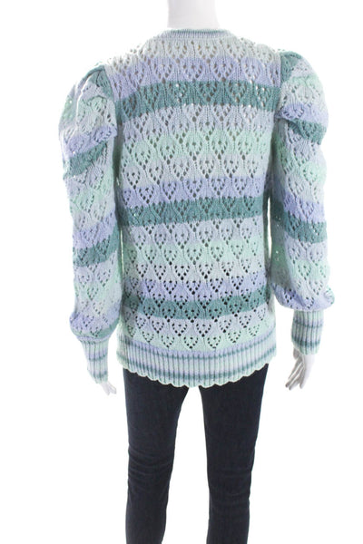 Love Shack Fancy Womens Open Knit Striped Cardigan Sweater Green Blue Size XS