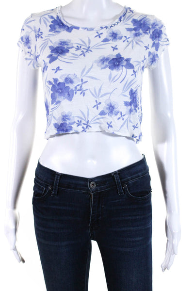 Love Shack Fancy Womens Short Sleeve Floral Crop Top Tee Shirt Blue White Small