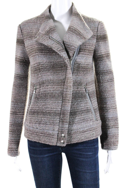 Joie Womens Striped Boucle Asymmetrical Zip Jacket Taupe Gray Size Extra Small