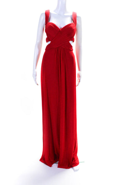 La Femme Womens Back Zip Sleeveless Mesh Overlay V Neck Cut Out Gown Red Size 4