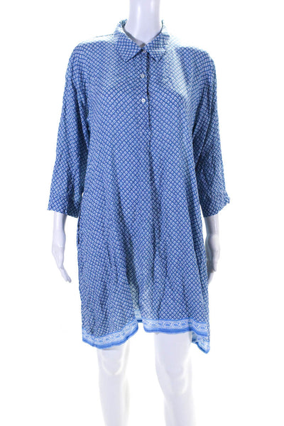 Delfina Womens 3/4 Sleeve Collared Abstract Shirt Dress Blue White Size Large