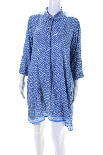 Delfina Womens 3/4 Sleeve Collared Abstract Shirt Dress Blue White Size Large