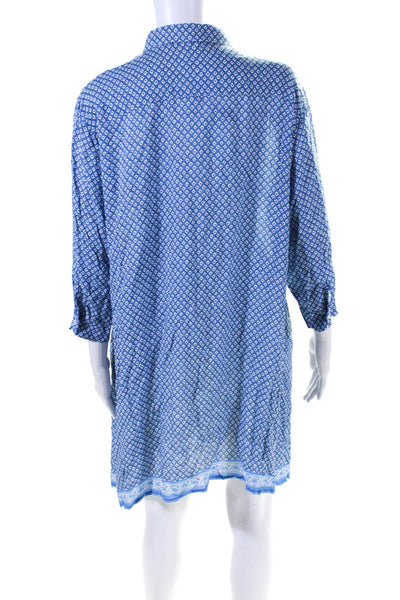 Delfina Womens 3/4 Sleeve Collared Abstract Shirt Dress Blue White Size Large