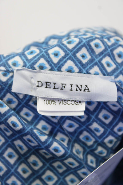 Delfina Womens 3/4 Sleeve Collared Abstract Shirt Dress Blue White Size Large