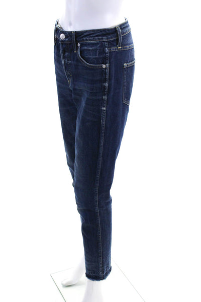 Amo Womens Cotton Dark Washed Fringed Hem Straight Leg Jeans Blue Size EUR28