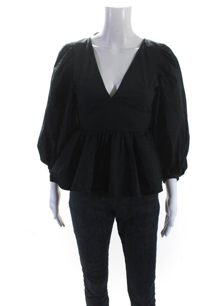 Staud Womens Cotton Woven Puff Sleeve V-Neck Tie Back Blouse Top Black Size 0